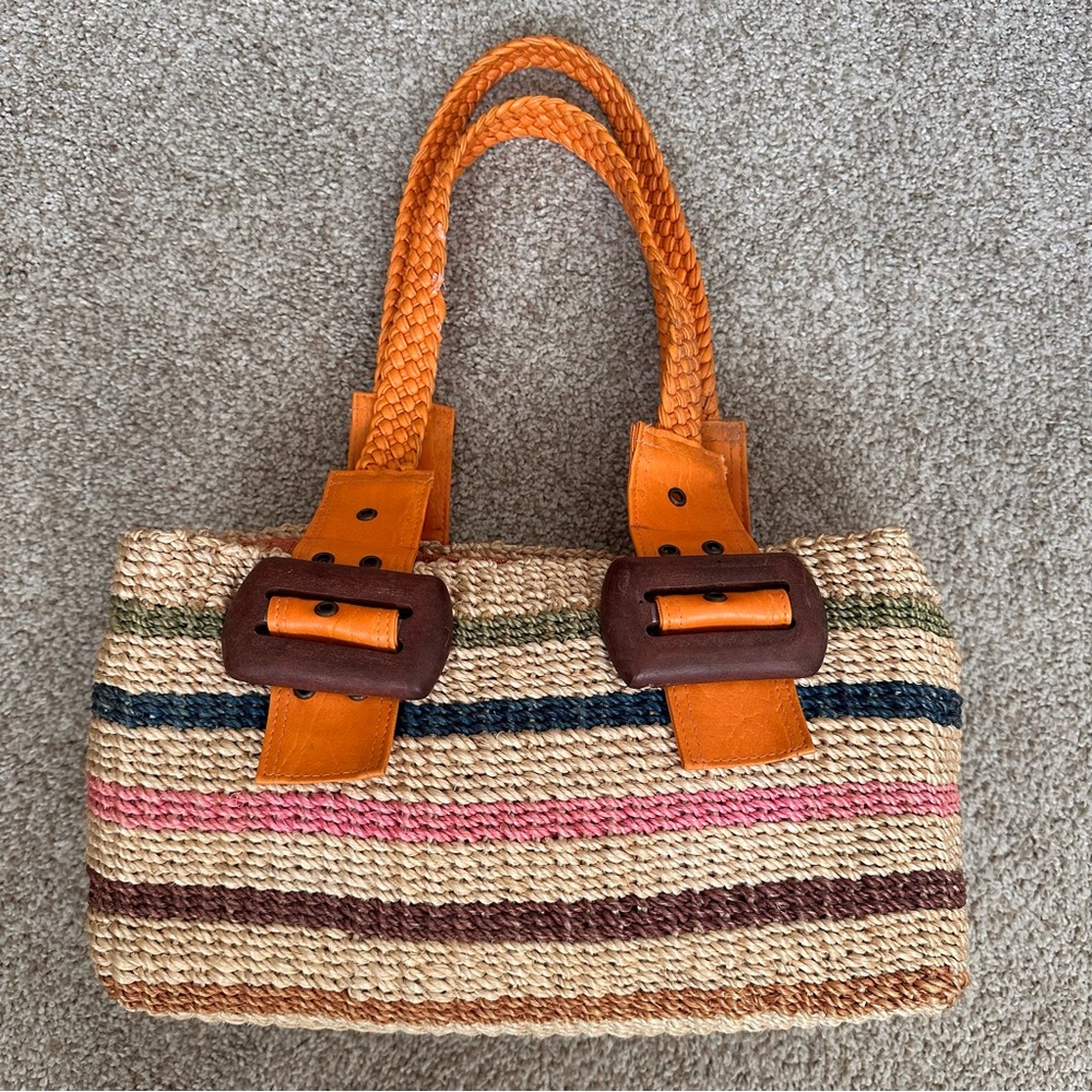 Woven Straw Tote Bag with Orange Handles